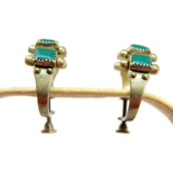 Green Tribal Turquoise Vintage Sterling Silver 925 Screw Back Earrings Patina - Picture 4 of 11